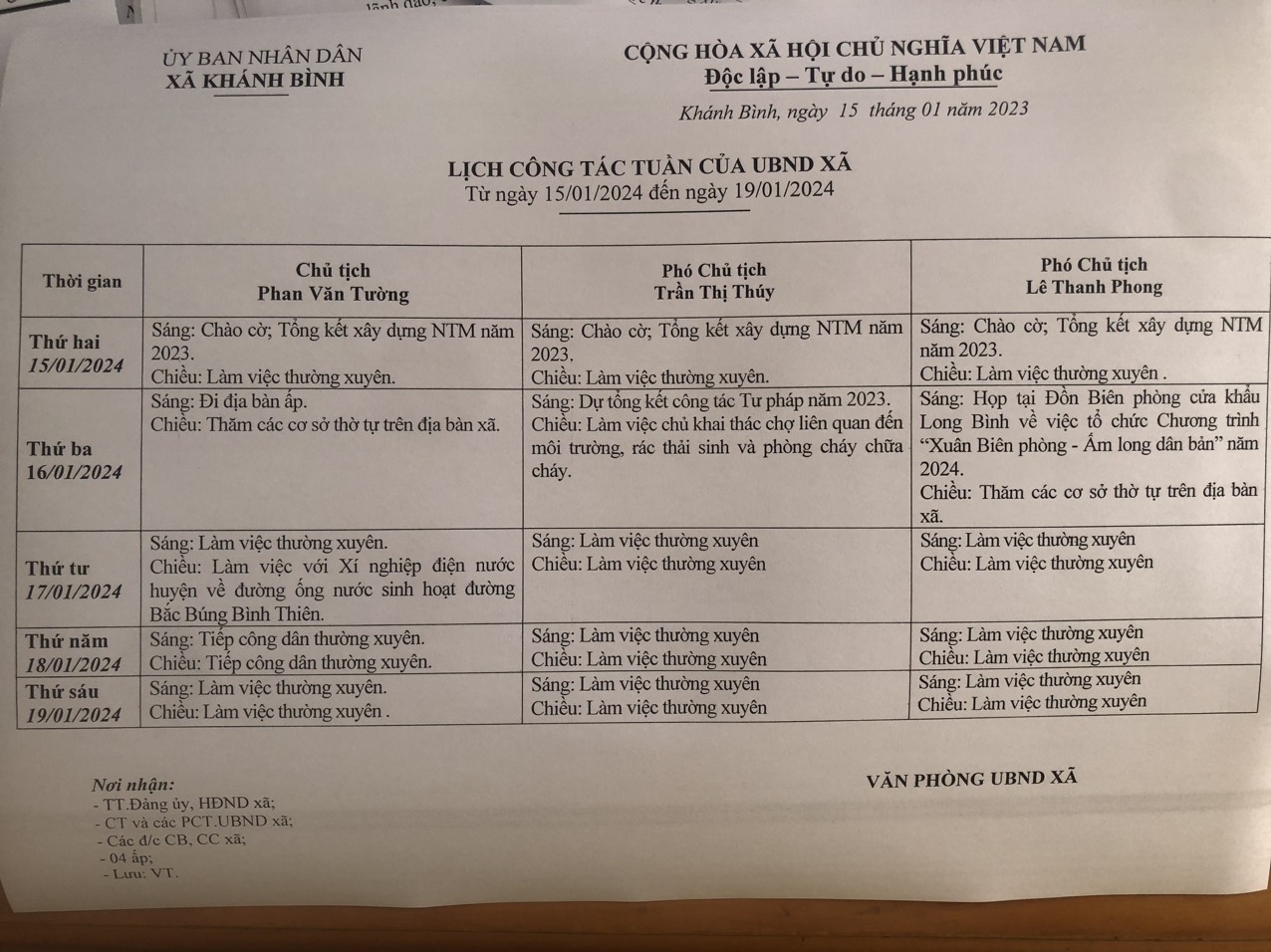 Lịch làm việc UBND tuần 03