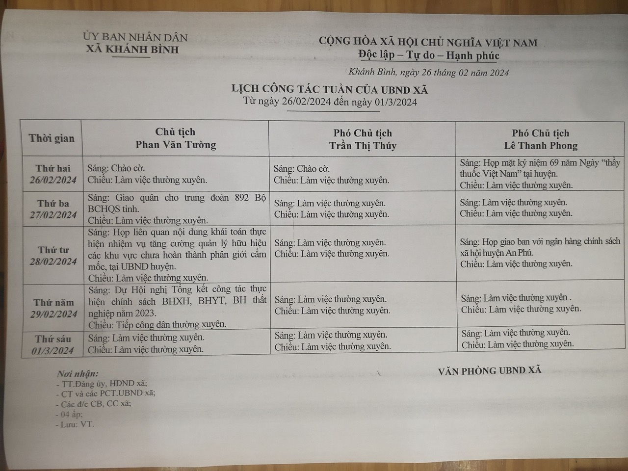 Lịch làm việc UBND xã Khánh Bình tuần 09