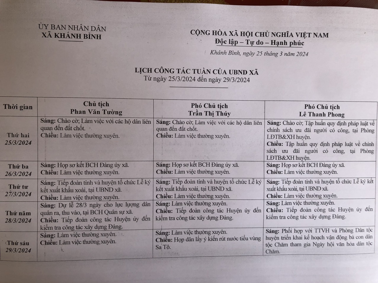 Lịch làm việc UBND xã Khánh Bình tuần 13