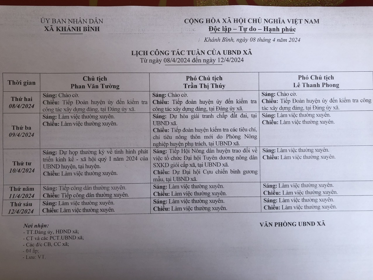 Lịch làm việc UBND xã Khánh Bình tuần 15